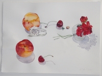 Pelargonienblten mit Frchten und Kaninchenschdel, 2013, Aquarell und Graphit auf Hadern